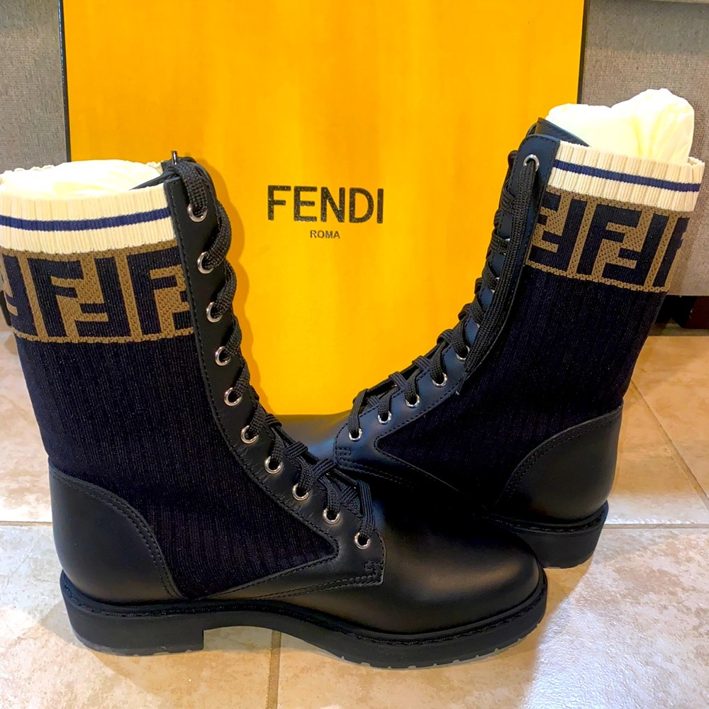Fendi Black Leather Combat Boots with FF Cuff Size 39.5